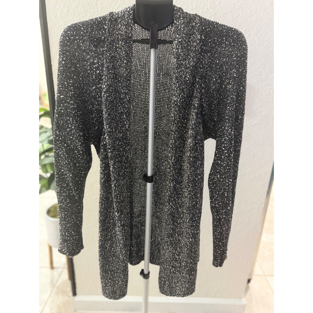 Eileen Fisher XL Marled‎ Knit Duster Cardigan Black White Open Italian Yarn EUC